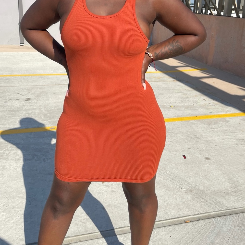 Orange Ribbed Bodycon Dress
